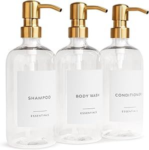 Stylish Shampoo and Conditioner Dispenser Set of 3 - Modern 21oz Shower Soap Bottles with Pump and Labels - Easy to Refill Body Wash Dispensers for an Instant Bathroom Decor Upgrade Reusable Shampoo And Conditioner Bottles, Shampoo Conditioner Dispenser, Hotel Shampoo Bottles Ideas, Bathroom Shampoo Storage Ideas, Shampoo And Conditioner Dispenser, Shower Bottles, Shower Dispenser, Hotel Shampoo, Shampoo Dispenser