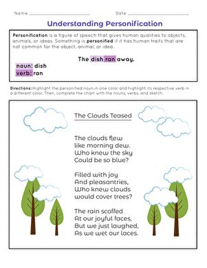 Figurative language is a great way to make your writing more interesting! Use this worksheet to help your students talk about personification in a fun poem. They will practice identifying the noun that is personified and its respective verb.#educationdotcom Personification Worksheet, Personification Poems, Metaphor Activities, Worksheets Grade 2, Multiplication Activities, Writing Lesson Plans, Short Passage, Fiction Text, Esl Classroom