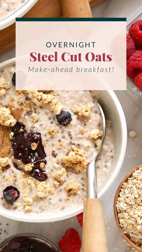 Overnight Steel Cut Oats are an excellent healthy breakfast idea for busy mornings. This super simple overnight oats recipe is made with a base of quick cooking steel cut oats, chia seeds, and almond milk. Quick Cook Steel Oats Recipe, Steel Cut Oats Recipes Overnight, Steel Oats Recipes Overnight Oatmeal, Overnight Steelcut Oats Recipes, Overnight Oats Steel Cut, Steal Cut Oats Recipes, Oat Milk Recipes, Steel Cut Overnight Oats, Steel Cut Oats Recipes