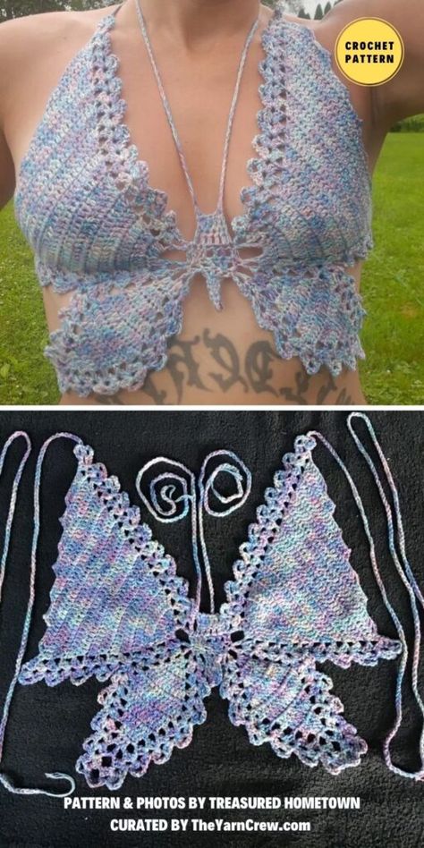 Butterfly Top Crochet Pattern Free, Crochet Butterfly Top Free Pattern, Butterfly Crochet Top Pattern, Crochet Patterns For Summer, Crochet Bra Top Pattern, Top Mariposa, Tops A Crochet, Crochet Bralette Top, Crochet Bra Top