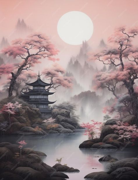 Premium AI Image | Painting of a japanese landscape with a pagoda and a pond generative ai Asian Landscape Art, Japanese Landscape Painting, Japanese Landscape Art, Japanese Reference, Japanese Pics, Beautiful Japanese Gardens, Japanese Paintings, Garden Japanese, Chinese Picture