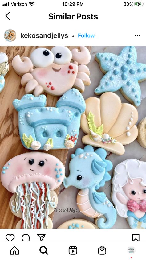 Sea Animal Cookies Decorated, Ocean Animal Cookies, Under The Sea Cookies, Flood Cookies, Seashell Cookies, Sea Cookies, Mermaid Cookies, Fish Cookies, Beach Cookies