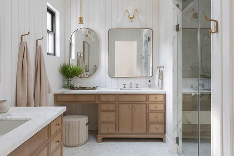 Step Inside A Warm & Inviting Home In The Bay Area - House & Home Primary Bathroom With Makeup Vanity, Small Bathroom With Vanity Area, Small Makeup Vanity In Bathroom, Master Bath Makeup Vanity, Vanity In Bathroom, Bathroom With Makeup Vanity, Shiplap Bathroom, Master Bath Vanity, Primary Bath