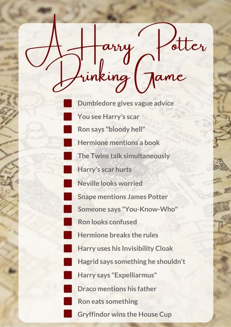 Harry Potter Movie Drinking Game, Harry Potter Drinking Game Movies, Film Drinking Games, Harry Potter Movie Marathon Food, Harry Potter Date Night Ideas, Harry Potter Drinking Games, Harry Potter Movie Marathon Ideas, Harry Potter Games For Adults, Harry Potter Alcoholic Drinks