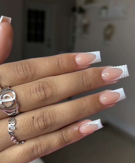 Taped Square Nails Long, White Nail Designs With Pearls, Short Acrylic Nails With Pearls, French Top Square Nails, White French With Gems, Short White French Tip Nails With Design, French Tip Acrylic Nails Christmas, White French With Design, Nail Ideas 2023 Short