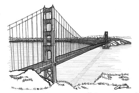 Golden Gate Bridge Drawing, Bridge Clipart, Bridge Drawing, San Francisco Bridge, Tutorial Coloring, Lion Coloring Pages, Eagle Painting, San Francisco Golden Gate Bridge, Drawing Step