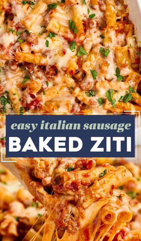 This baked ziti recipe is loaded with sausage and cheesy deliciousness! Perfect as a freezer meal or a big family dinner, this baked pasta dish is made with al dente pasta, a marinara meat sauce, and plenty of mozzarella and pecorino romano cheese! Sausage Baked Ziti, Baked Ziti With Italian Sausage, Italian Sausage Recipes Pasta, Baked Ziti With Ricotta, Baked Ziti With Sausage, Sausage Pasta Bake, The Chunky Chef, Easy Baked Ziti, Chunky Chef