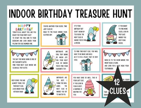 Birthday Treasure Hunt Clues, Treasure Hunt Birthday, Birthday Treasure Hunt, Birthday Scavenger Hunt, Gnome Birthday, Preschool Birthday, Birthday Games For Kids, Kids Birthday Presents, Treasure Hunt For Kids