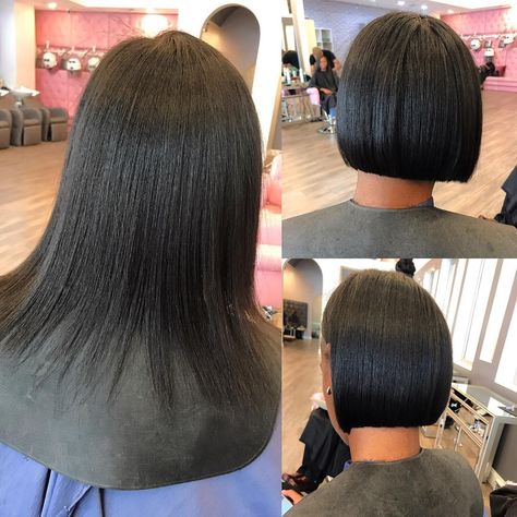 Short blunt cut ✂️✂️ SILK PRESS | CUT ✨… Silk Press Bob, Pressed Natural Hair, Celebrity Short Hair, Silk Press Natural Hair, Stylish Hairstyles, Coily Hair, Silk Press, Permed Hairstyles, Relaxed Hair