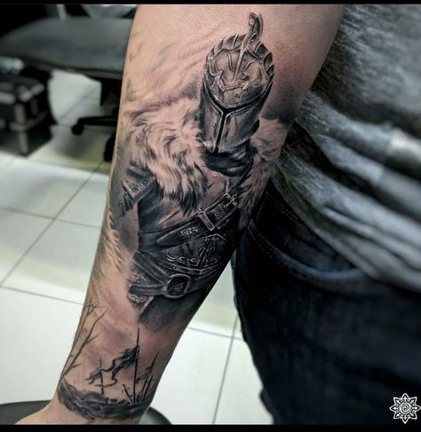 Knight Forearm Tattoo, Knight Tattoo Sleeve, Mens Arm Sleeve Tattoos Ideas Unique, Alt Tats, Meaningful Tattoos For Men, Tattoo Font For Men, Lower Arm Tattoos, Gladiator Tattoo, Medieval Tattoo