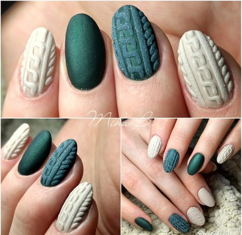 Knitted nails, matte nails,  green , nude , glittery, sand effect Green Sweater Nail Designs, Christmas Nails Knitted, Matte Green Nails Christmas, Dark Green Sweater Nails, Sweater Nails Green, Christmas Matte Nails, Nails Efecto Sueter, Green Sweater Nails, Matte Nails Green