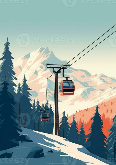 Red gondola car lift on the ski resort over forest trees, Generative AI Ski Lift Photography, Ski Design Graphic, Christmas Skiing, Ski Signs, Car Lift, Car Lifts, Forest Trees, Vintage Ski, Ski Lift