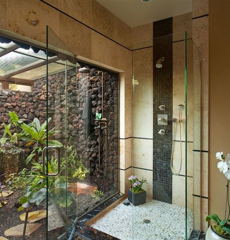 You should include similarities between the two showers, like these flowers for example Tropical Bathroom Decor, Jungle Bathroom, Outdoor Bathroom Design, Tropical Bathroom, Dream Shower, Bad Inspiration, Outdoor Bathrooms, Dream Bathrooms, Dream Bathroom