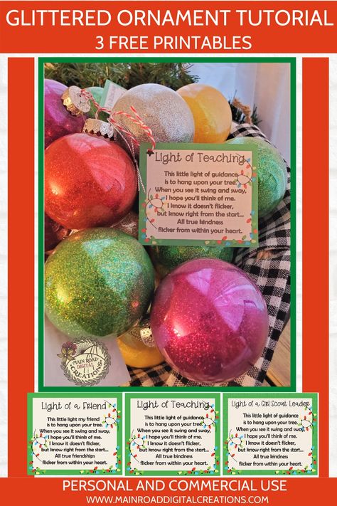 These glittered ornaments are so fun and easy to make! With just a few supplies you can have a beautiful, inexpensive gift to give to friends, teachers, or even a girl scout leader! Ornament Printable, Minwax Polycrylic, Light Bulb Ornaments, Teacher Ornaments, Christmas Traditions Family, Girl Scout Leader, Scout Leader, Ornament Tutorial, Glitter Ornaments