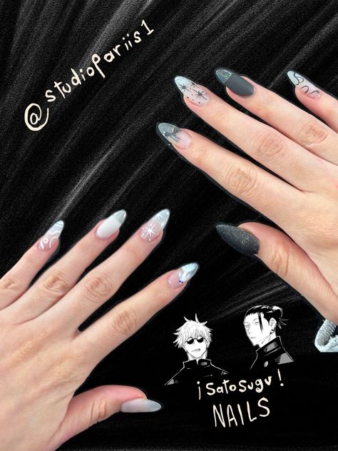 Uñas de anime, uñas de jujutsu kaisen, jujutsu kaisen Satosugu Nail Art, Cute Nails Anime, Gojo Nails Design, Gojo Satoru Nails Art, Gojo Nail Ideas, Anime Nails Designs Simple, Gojo Themed Nails, Gojo Satoru Nails Design, Jjk Nails Designs Gojo