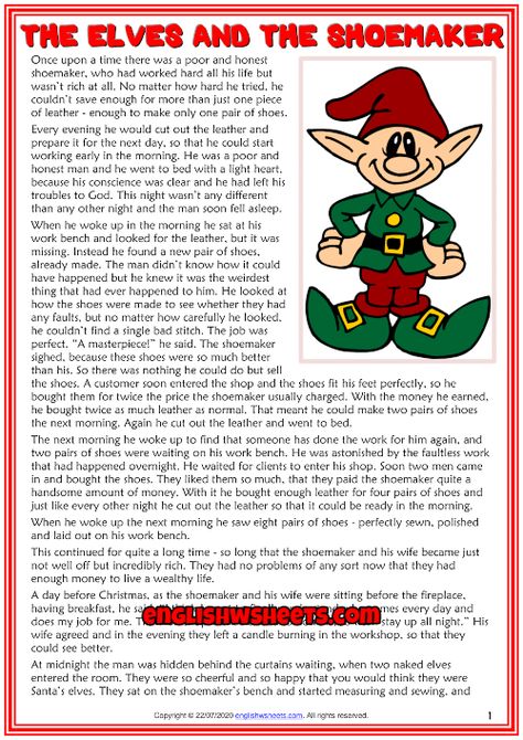 The Elves and the Shoemaker ESL Reading Text Worksheet For Kids Elves And Shoemaker, The Shoemaker And The Elves, The Elves And The Shoemaker, Elves And The Shoemaker, Reading Genres, Shoe Maker, Preschool Prep, Esl Reading, Short Moral Stories