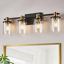 Gold Bathroom Light Fixtures, Light Fixtures Farmhouse, Farmhouse Vanity Lights, Gold Bad, Gold Wall Lights, Black And Gold Bathroom, Light Bathroom Vanity, Black Vanity Bathroom, Black Vanity Light