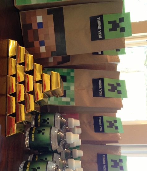 Supplies for the Minecraft party Minecraft 8th Birthday Party, Minecraft Loot Bags, Printable Minecraft Food Labels, Minecraft Party Packs, Dollar Tree Minecraft Party, Minecraft Party, Creepers, Boy Party, Bday Ideas