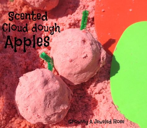 Apple scented cloud dough Playdough Recipe No Cook, No Cook Apple Pie Playdough, Apple Cinnamon Playdough, Apple Pie Playdough, Fall Scented Playdough, Apple Scented Playdough, Apple Tree Playdough Mats, Cloud Dough Recipe, Apple Crafts Preschool