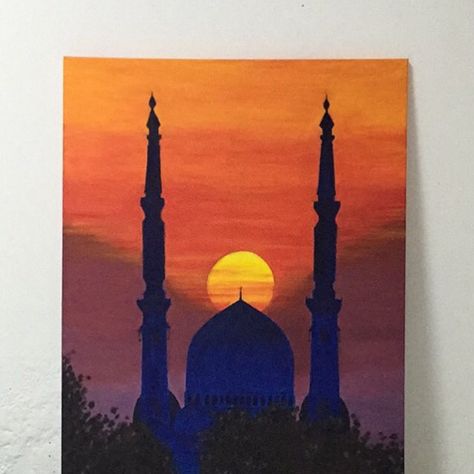 Simple Mosque Drawing, Painting Of Mosque, Mosque Painting Easy, Mosque Painting Acrylic, Ramadan Acrylic Painting, Ramadan Painting Canvas, Mosque Painting Islamic Art, Ramadan Art Painting, Islamic Acrylic Painting