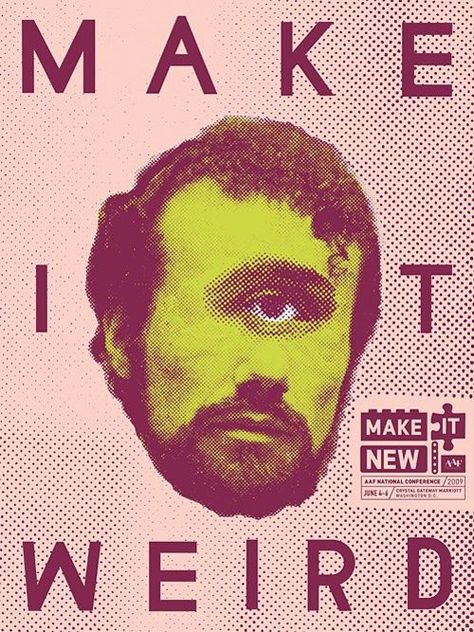 love the one eye BUT also that they didn't stop there with "making it weird," they went all out on the design too Two Tone Graphic Design, Half Tone Poster, Halftone Poster Design, Weird Typography, Weird Posters, Halftone Poster, Digital Design Graphics, Poster Composition, Tim Lahan