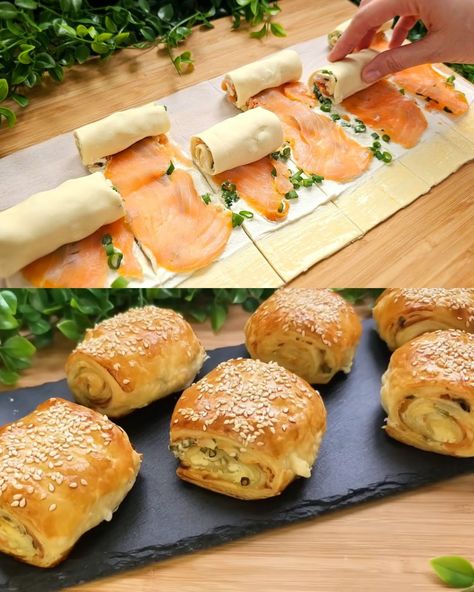 Salmon Rolls Appetizers, Puff Pastry Salmon Wellington, Smoked Salmon Puff Pastry Recipes, Salmon Puff Pastry Appetizers, Salmon In Pastry Puff, Salmon Party Food, Smoked Salmon Rolls With Cream Cheese, Salmon Puffs Appetizers, Formal Dinner Recipes