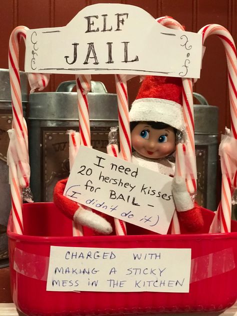 Elf Candy Cane Jail, Elf On The Shelf In Jail, Elf On The Shelf Bowling, Elf Jail, Funny Elfs, Elf Ideas Easy Funny, Elf On The Shelf Pet Ideas, Elf On Shelf Funny, Elf Things