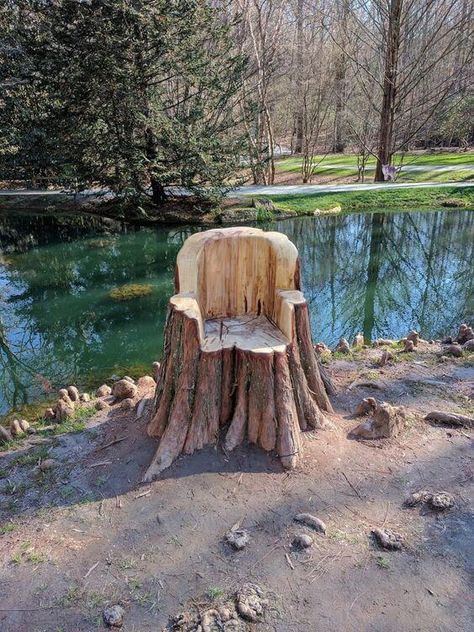 Tree Trunk Chair Carved Tree Stump, Tree Stump Decor, Log Chairs, Tree Logs, Tree Furniture, Tree Carving, Garden Route, Wood Logs, Fence Decor