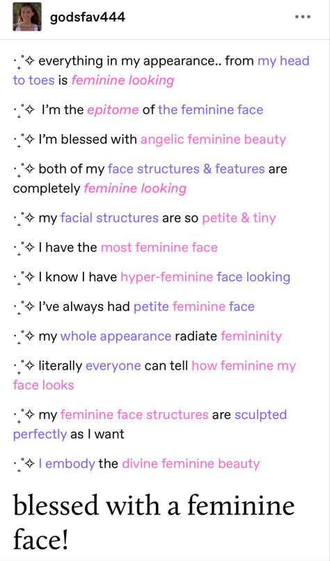 Feminine Beauty Affirmations, Charisma Affirmation, Angelic Beauty Affirmations, Desired Appearance Affirmations, Manifesting Appearance, Charisma Quotes, Face Affirmations, Princess Affirmations, Feminine Poetry