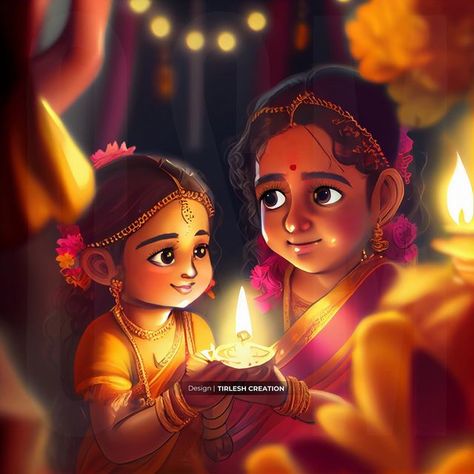 Tirlesh | Graphic Designer on Instagram: "Pooja, also known as Aarti, is an important ritual in Hinduism that involves offering prayers and offerings to the gods and goddesses. It is a way for Hindus to express their devotion and gratitude to the divine. Children learn about pooja from a young age, usually from their mothers. A mother plays a crucial role in teaching her child about pooja and the customs and traditions associated with it. She may begin by showing the child how to light a diya (l Diwali Painting, Happy Diwali Wallpapers, Diwali Wallpaper, Memories Art, Childhood Memories Art, Diwali Poster, Morning Photography, Indian Illustration, Diwali Images