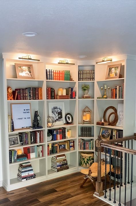 Simple Office Bookshelves, Bookshelves On Carpet, Decorating Reading Room, Ikea Built In Corner Bookcase, Easy Library Shelves, Library Themed Living Room, Bookshelves In Basement, Home Office Book Shelves, In Room Library