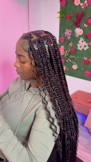 Babydoll Knotless Braids, Large Curly Knotless Braids, Boho Braids Knotless Black Women, Birthday Hair Inspo Braids, Big Knotless Goddess Braids, Large Knotless Box Braids Goddess, Big Knot Less Braids, Goddess Braids Big Parts, Braided Hairstyles Big Braids