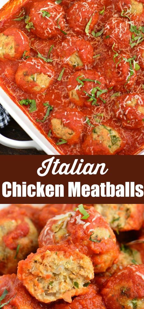 Baked Italian Chicken Meatballs. These chicken meatballs are so juicy and tender baked with classic Italian flavors and homemade Marinara sauce. #meatballs #groundchicken #chickenmeatballs #marinara #italian Italian Chicken Meatballs Pioneer Woman, Italian Chicken Meatballs, Baked Italian Chicken, Ground Chicken Meatballs, Italian Baked Chicken, Baked Chicken Meatballs, Homemade Marinara Sauce, Parmesan Meatballs, Chicken Meatball Recipes