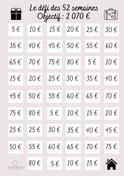 Challenge des 52 semaines afin d'économiser 2070en un an Defi Budget, Saving Money Chart, Money Chart, Budget Challenge, Money Saving Methods, Money Saving Techniques, Budget Envelopes, Savings Planner, Savings Strategy