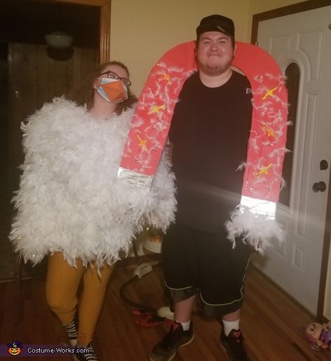 Kimberly: These were both homemade costumes the chick magnet is made out of a cardboard box and I put some feathers around it and the chicken is made of a bunch... Costumes For Couples, Homemade Costume, Couples Costume, Costume Works, Homemade Costumes, Halloween Costume Contest, Costume Contest, The Chicken, Couples Costumes