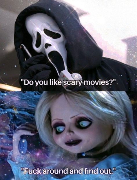 Funny Scary Movies, Laugh Or Die, Chucky Horror Movie, Horror Movies Funny, Funny Puns Jokes, Halloween Everyday, Funny Horror, Movie Memes, Classic Horror Movies