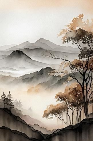 Watercolor Bedroom Wall, Acrylic Mountain Landscape, Asian Mountain Art, Asian Watercolor Paintings, Calming Art Painting, Watercolor Art Paintings Landscape, Japanese Landscape Painting, Japanese Landscape Art, Landscape Watercolor Paintings