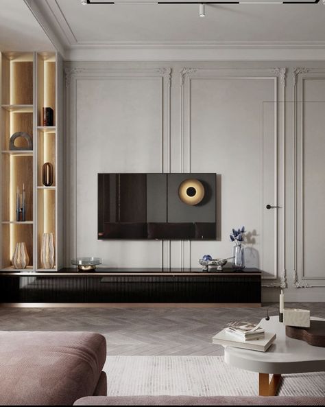 New Classic Tv Unit, Neoclassical Tv Wall Design, Wood Panel Tv, Shelves Tv Wall, Tv Units With Storage, Tv Wall Wood Panel, Tv Wall Wood, Tv Wall Design Modern, Wall Wood Panel