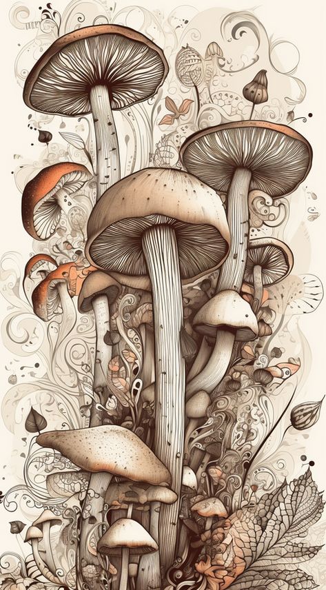 Sketch Mushroom, Crisantemo Tattoo, Mushroom Sketch, Wallpaper Mushroom, Mushroom Artwork, Fungi Illustration, Mushroom Illustration, Beautiful Pencil Drawings, Wallpaper Neutral