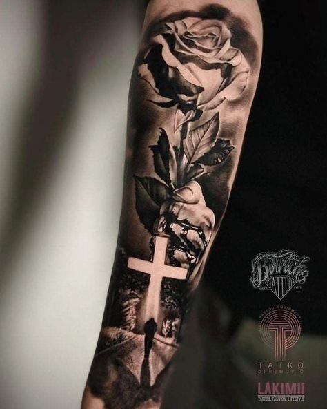 Men's Forearm Tattoos Sleeve, Religious Tattoo Sleeves, Half Sleeve Tattoos Forearm, Heaven Tattoos, Christian Sleeve Tattoo, Lion Tattoo Sleeves, Half Sleeve Tattoos Drawings, Cross Tattoo For Men, Tattoos For Women Half Sleeve