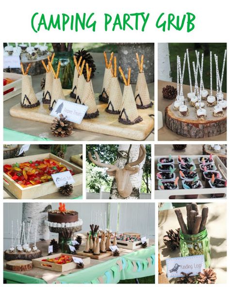 Camper Birthday Party, Camping Party Foods, Campout Party, Happy Camper Birthday Party, Outdoor Camping Party, Camping Theme Birthday Party, Camping Theme Birthday, Glamping Birthday, Glamping Party