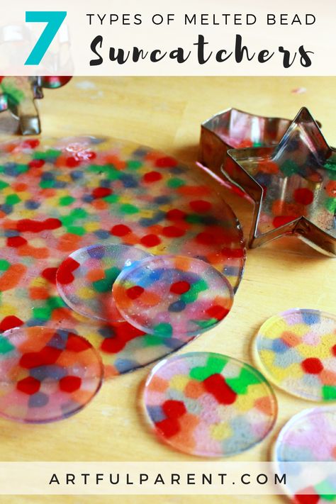 7 Ways to Make Melted Plastic Bead Suncatchers Homemade Suncatchers, Bead Crafts For Kids, Art Crafts For Kids Easy, Melted Bead Suncatcher, Art Crafts For Toddlers, Plastic Beads Melted, Serendipity Art, Bead Suncatchers, Melted Bead Crafts