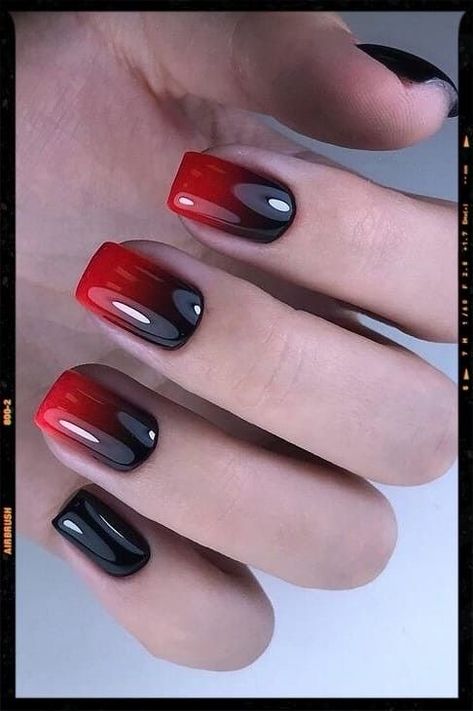 Nails Ombre Red Black, Ambre Nails Ombre Red And Black, Black Red Gel Nails, Black With Red Tip Nails, Black And Red Ombre Nails Short, Ombre Nails Black And Red, Red And Black Nails Acrylic Short, Red And Black Ombre Acrylic Nails, Short Nail Designs Black And Red