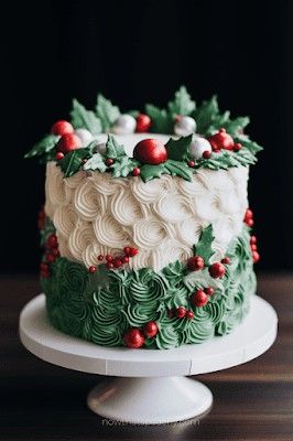 Elegant Christmas Cake Ideas, Holiday Cakes Winter, Lambeth Christmas Cake, Pretty Christmas Cakes, Christmas Buttercream Board, Unique Christmas Cake, Elegant Christmas Cake, Buttercream Christmas Cake, Christmas Cake Ideas Easy