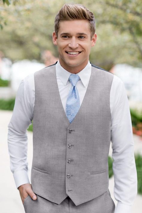 Heather Grey Clayton Vest | Jim's Formal Wear Grey Vest Outfit, Suit Vest Outfits, Grey Suit Vest, Allure Men, Slim Fit Suit Pants, Tuxedo Accessories, Gray Vest, Light Grey Suits, Tan Suit