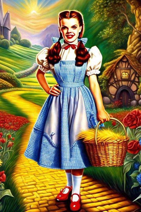 Art by Josephine Wall, full body photo of the wonderful Judy Garland as Dorothy Gale (from the movie The Wizard of Oz), beautiful, matching clothes and red shoes, Masterpiece, trending on artstation, sharp focus, studio photo, intricate details, highly detailed, by greg rutkowski, UHD, hyper realistic, Modifiers: extremely detailed oil on canvas very attractive beautiful crisp quality colourful anatomically correct expressionism no watermark Josephine Wall No Signature Beautiful rainbow https://apps.apple.com/us/app/genzart-ai-art-generator/id1669915100 Full Body Photo, Wizard Of Oz Movie, Greg Rutkowski, Dorothy Wizard Of Oz, Josephine Wall, Dorothy Gale, The Wonderful Wizard Of Oz, Matching Clothes, Judy Garland