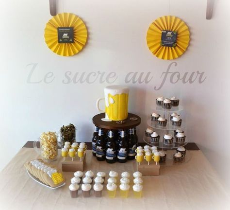 Dessert table I made for my boyfriends birthday (my first dessert table)...Hes a fan of beer...3D beer buck cake (chocolate and stout), cake pops also in the shape of beer bucks, smore cupcakes, lemon jello and chocolate pouding topped with whipped cream, white beer cookies, black and yellow chocolate pretzels and popcorn (didnt have time to make some caramel popcorn, so we had regular instead). Buck Cake, Smore Cupcakes, Beer Party Theme, Cupcakes Lemon, Beer Cookies, Beer Birthday Party, Boyfriend's Birthday, Beer Tasting Parties, Beer Bread Recipe