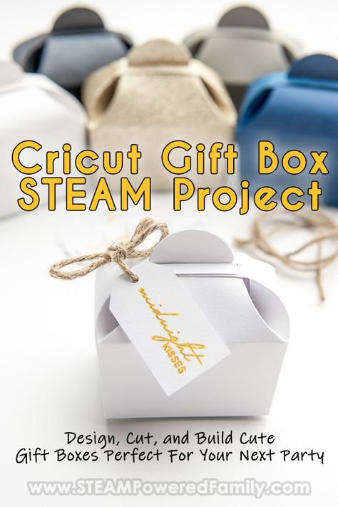 Cricut Project Idea - A great STEAM project for teens incorporating technology, art, engineering and math to create cute party favor gift boxes with tags. Design, cut, create and build the cutest gift boxes for your next New Years, Birthday, Wedding or special party event. Our design holds 22 Hersey's Kisses, just the perfect size for party favours. A fantastic first Cricut project that includes detailed steps and SVG files. #Cricut #GiftBox #CricutIdeas #CricutProjects Grinch Handprint Craft, Grinch Handprint, Diy Party Boxes, Cricut Scoring Stylus, Homemade Gift Boxes, Art Engineering, Steam Projects, Cricut Wedding, Activities For Teens