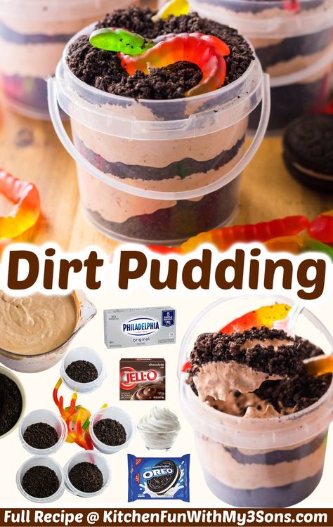 Dirt Pudding Recipe With Cream Cheese, Dirt Pie Cups, Brownie Dirt Cups, Gummy Worm Dirt Pudding, Dirt Pie Cake, Dirt Pudding With Cream Cheese, Chocolate Dirt Cake Recipe, Oreo Jello Dessert, Grave Yard Pudding