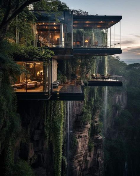 House In Forest Aesthetic, Modern Glass House Design, House On Mountain, Modern Glass House, Glass House Design, Futuristic House, Architecture Renovation, Fantasy Homes, Fantasy House